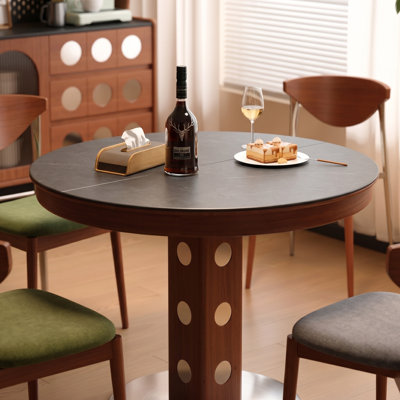 Table de salle à manger extensible en pierre frittée de 35,4 po à 47,2 po, table à piédestal ronde et ovale moderne avec plateau en pierre noire et base en métal, sièges 4-6