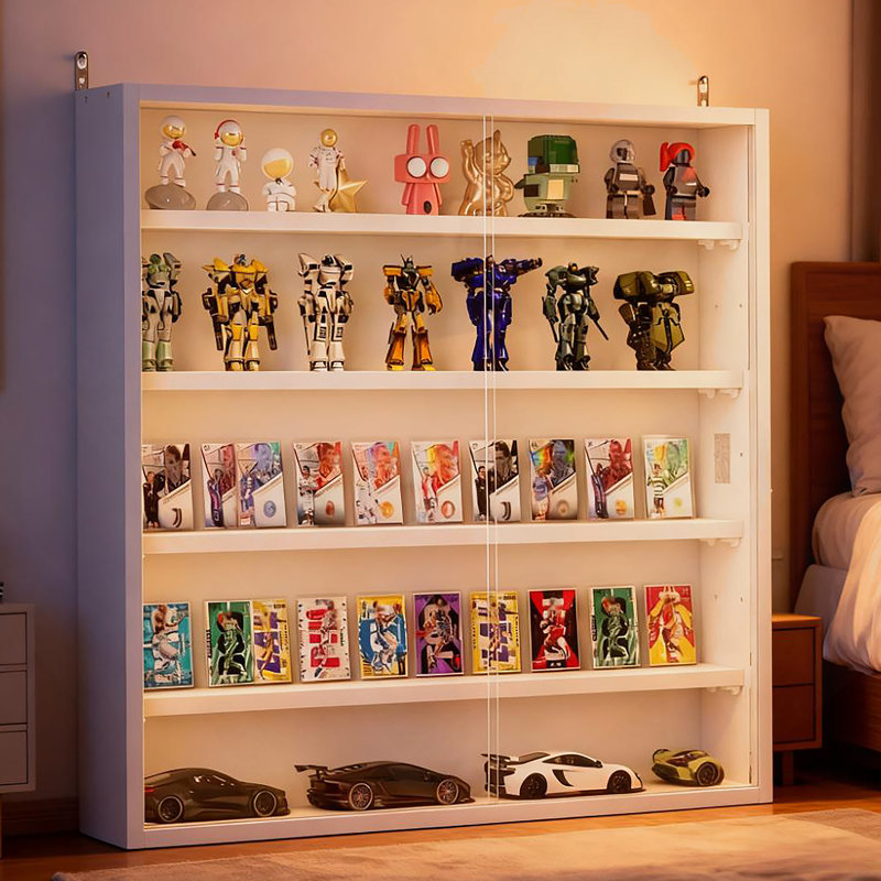 Vitrine murale à 5 niveaux avec portes en verre et tablettes réglables pour objets de collection et décor, Blanc