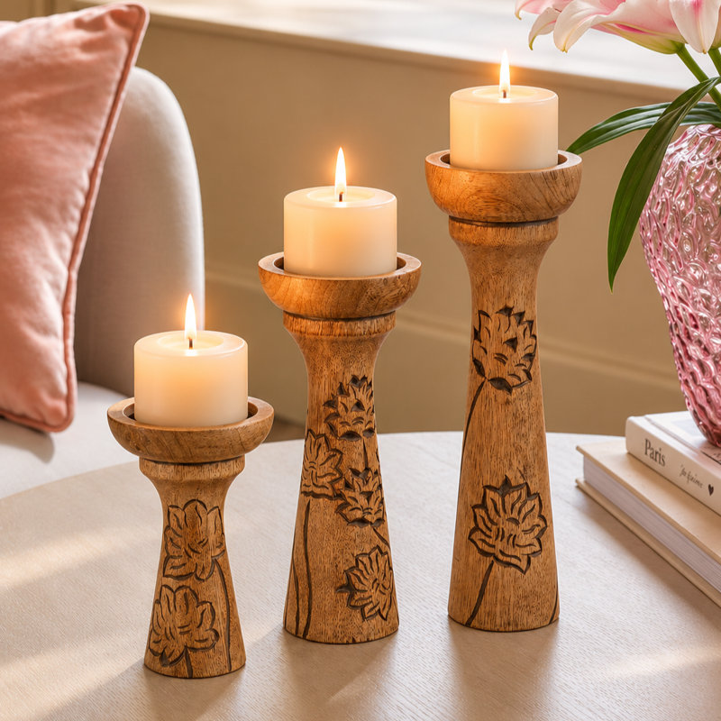 Floral Vine Mango Wood Candleholders – Natural Over Grey Set of 3