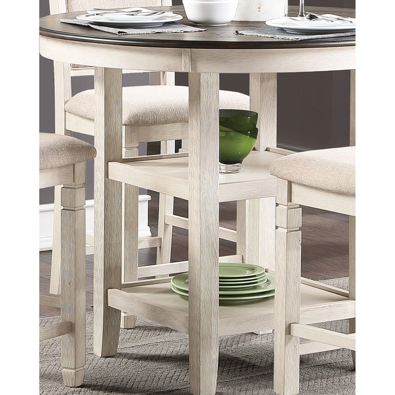 Table transitionnelle brun et blanc antique à hauteur de comptoir, 2 tablettes, placage et bois d'ingénierie, 4 options de salle à manger blanches, transitionnelles, placage, pièce