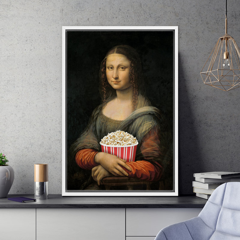 «Mona Lisa With Movie Popcorn», H 36 po x l 24 po, Cadre flottant blanc