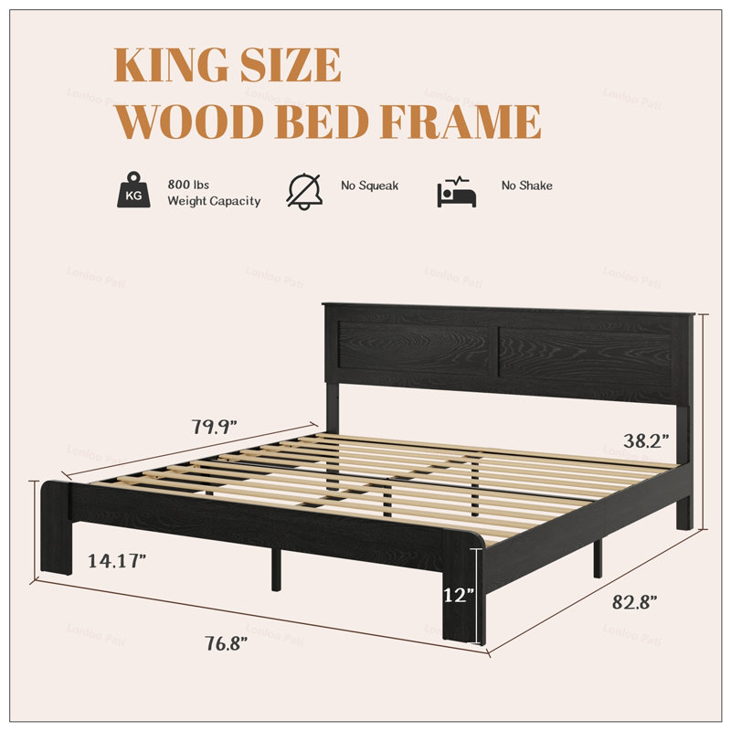 Structure de lit plateforme très grand en bois avec conception silencieuse, grand rangement sous le lit et assemblage facile, aucun sommier tapissier requis