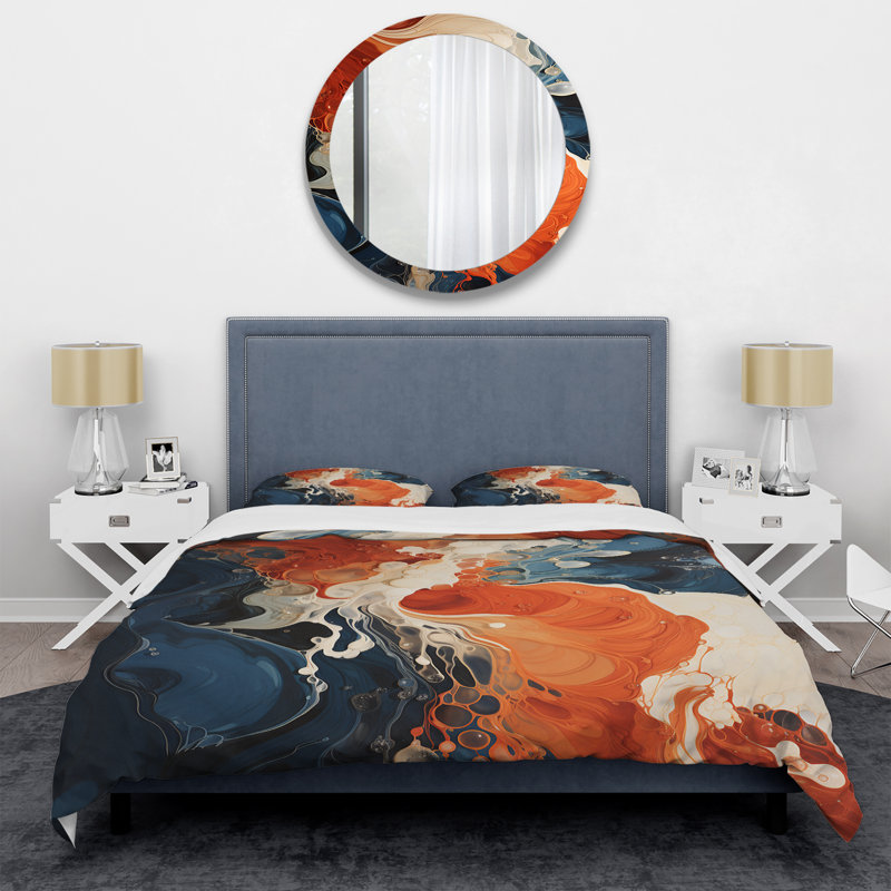 Blue And Orange Liquid Ink Waves V - Abstract Painting Duvet Cover Set, King Duvet Cover