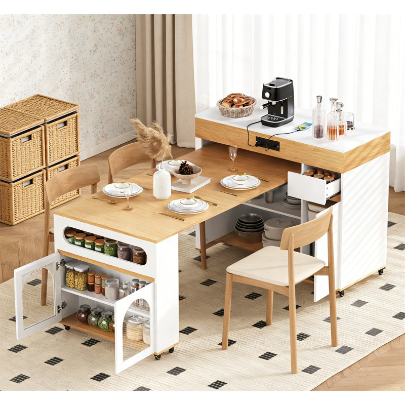 Extendable Kitchen Island with Extra-Long Folding Top, Natural