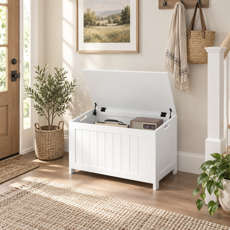 Coffre de rangement avec 2 charnières de sécurité, coffre de rangement moderne, blanc, H 18,9 po x l 29,9 po x P 15,7 po