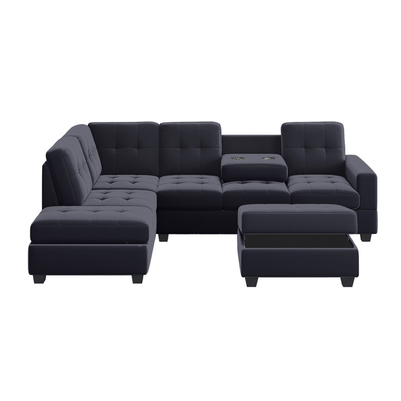 Canapé modulaire réversible de large de 104 po avec repose-pieds Recio, Velours noir
