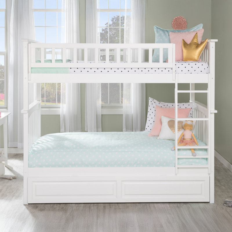 Flinn Solid Wood Bunk Bed with Built-In Ladder , Trundle Bed Included, Twin over Twin, White