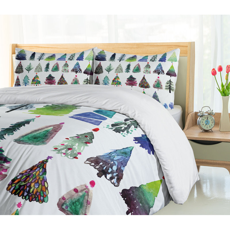 King Size Watercolor Christmas Fir Trees Duvet Cover Set