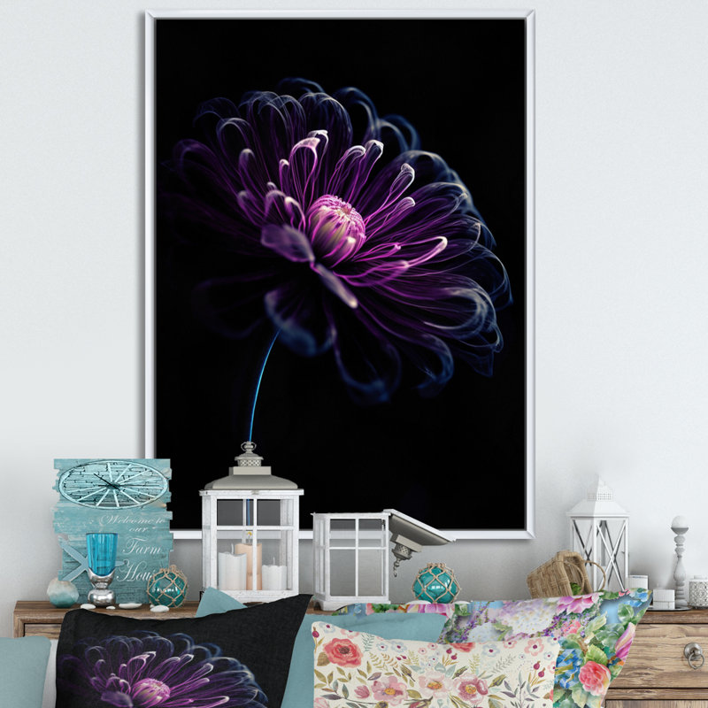 Fusion de marguerites mauves et noires sur toile, 40" H x 30" W, Cadre flottant blanc