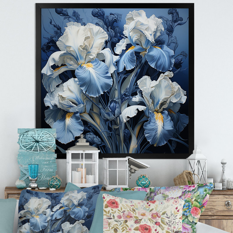 Minimalisme, jardin d'iris bleu et blanc sur toile, Cadre simple noir, H 36 po x l 36 po x P 1,5 po