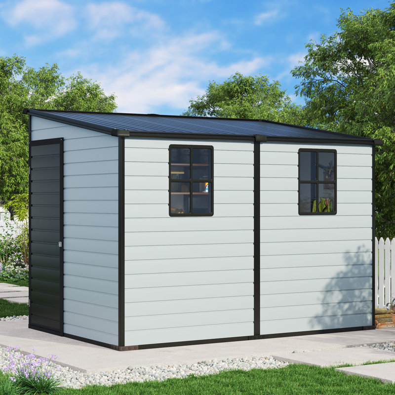 8 Ft. W X 6 Ft. D X 6 Ft. H Resin Lean-To Storage Shed With Floor, Lockable Door, Sloped Roof & 2 Windows (Light Blue/Black)