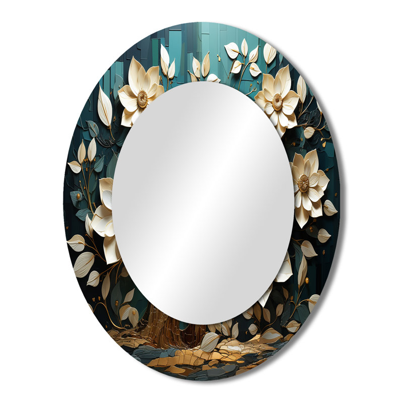 White And Blue Charming Spring Flower Elegance I - Traditional Oval Wall Mirror, 43" x 33"