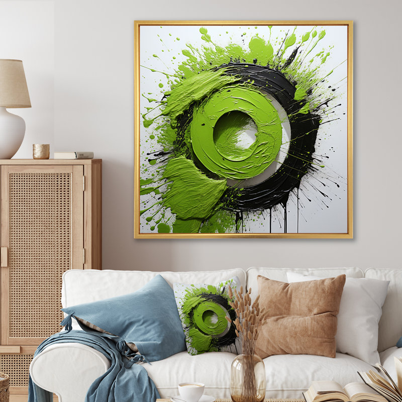 «Green Spiral Neon Fusion 1 - Abstract Collages», art mural, Cadre flottant doré, H 36 po x l 36 po x P 1,5 po