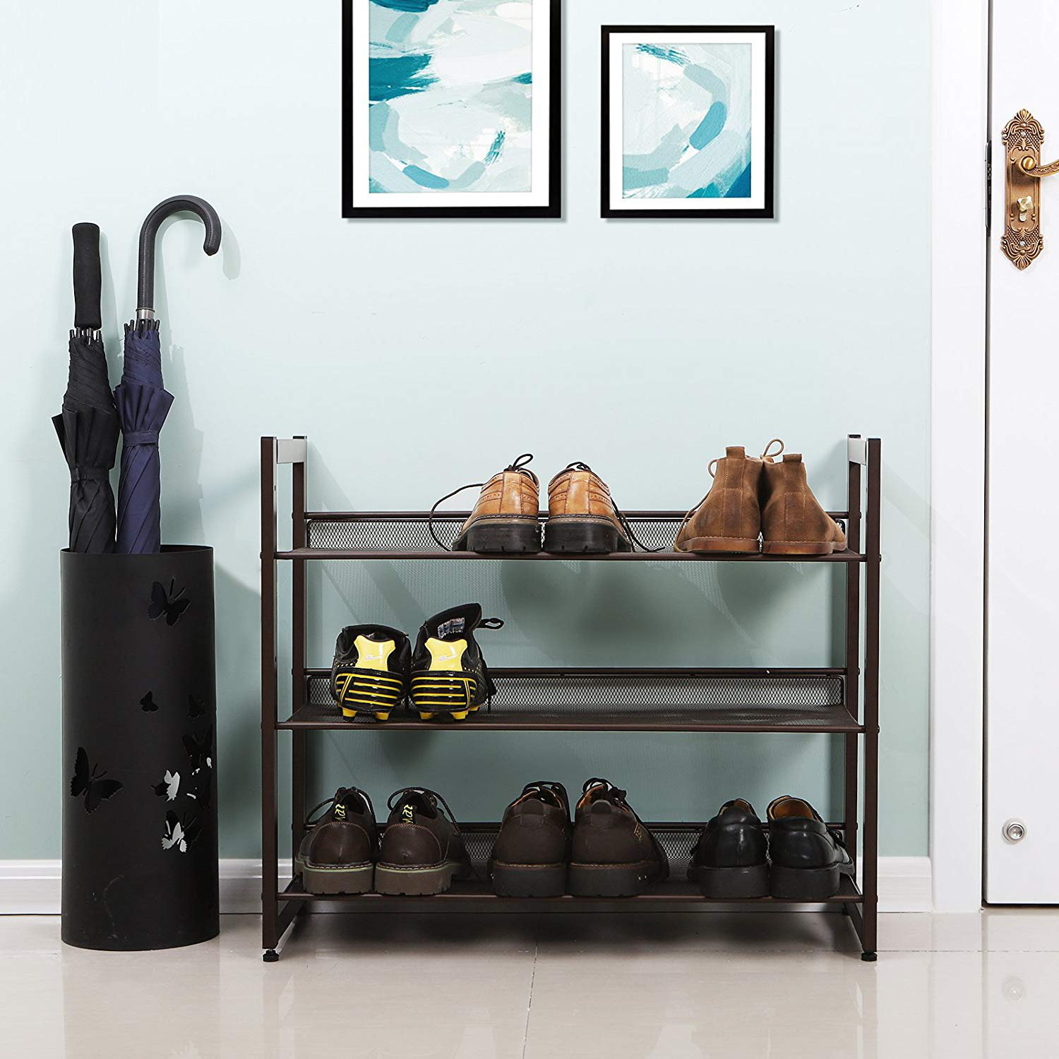 3-Tier Modern Black & Brass Metal Wall Mounted Entryway Shoe Organizer  Shelf