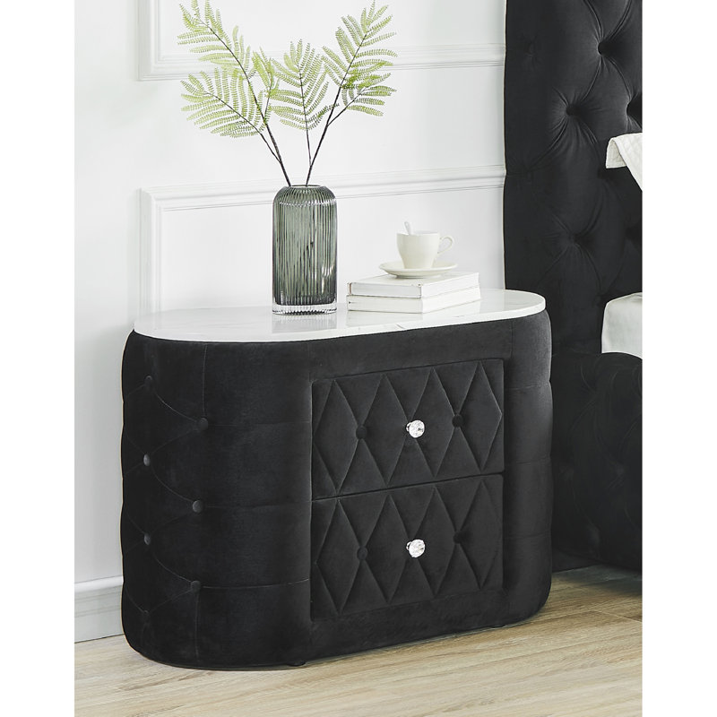 Modern Bedroom Nightstand - Faux Marble Top, 2 Drawers, Black Base Oval Crystal, Black/White