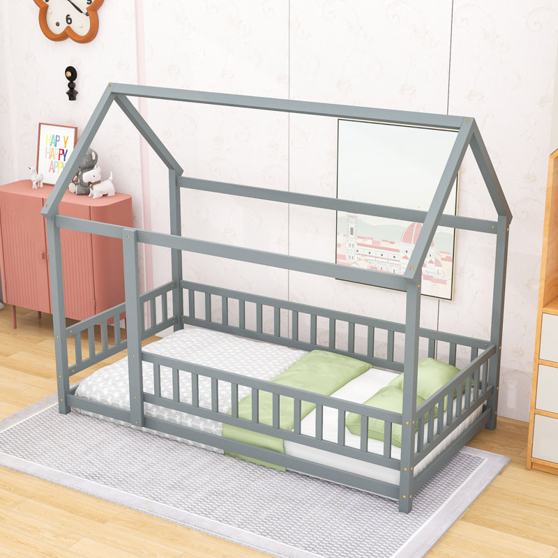 Wooden House Roof Floor Bed With Fence Design, Gray, Twin