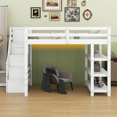 Lit mezzanine avec tablettes, escalier de rangement, petite armoire et lumière DEL blanche