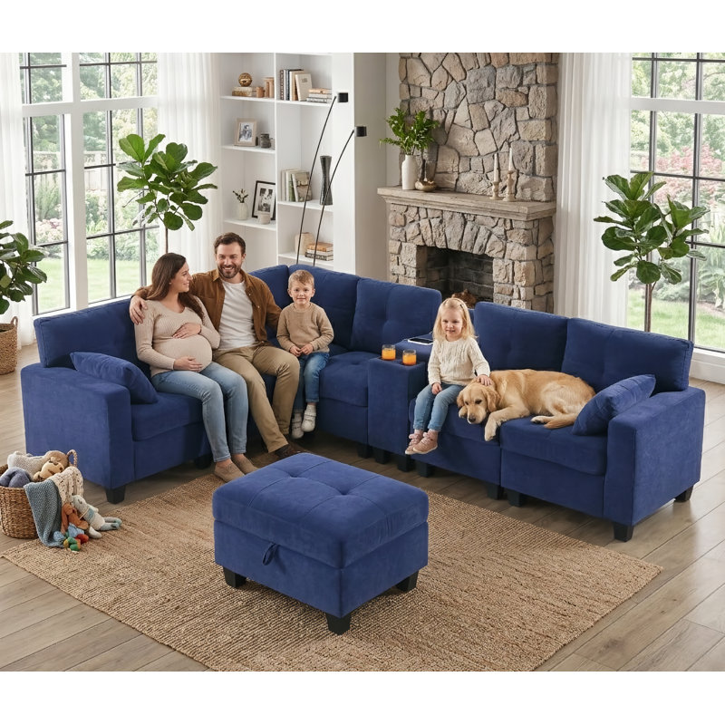 Canapé modulaire rembourré 8 pièces avec ports USB et repose-pieds avec rangement Chesham, Mélange de polyester bleu