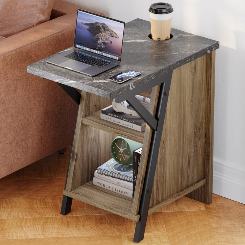 Table de chevet haute avec porte-gobelet et 2 tablettes de rangement, Chêne