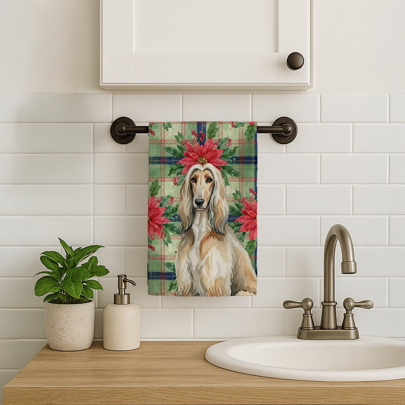 Afghan Hound Christmas PoinsettIas Kitchen Towel, Tan/White Afghan Hound
