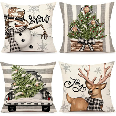Housse de coussin de Noël 18 x 18 ensemble de 4 décorations de Noël de ferme bonhomme de neige renne camion d'eucalyptus hiver décor de vacances rayé housse de coussin pour canapé maison S23C14