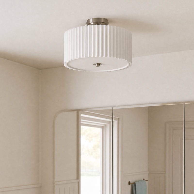 Plafonnier semi-encastré en tissu Pelayo, H 9,3 po x l 12,2 po x P 12,2 po, Nickel