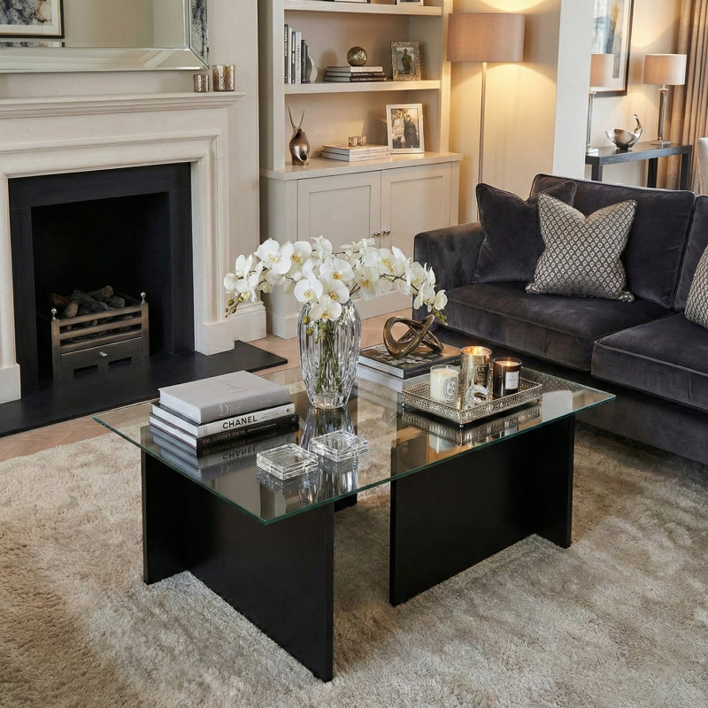 Rectangle Tempered Glass Coffee Table, Wood Black, 15.7" H x 41.3" L x 25.6" W