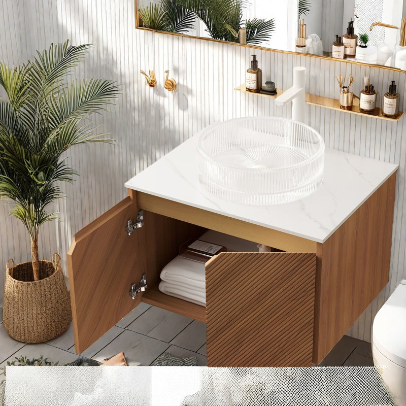 Meuble-lavabo moderne flottant avec lavabo en verre, style grain de bois chêne