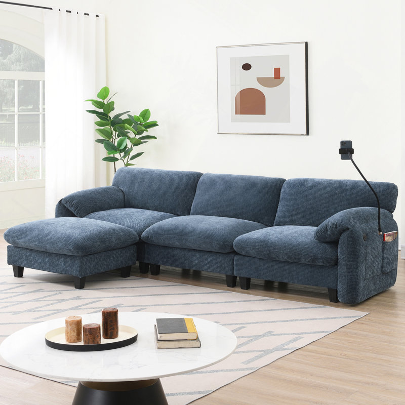 Canapé modulaire de 108 po en forme de L avec coussin de siège extra large de 31,5 po, chargeur USB et de type C, support pour téléphone et 2 poches de rangement latérales, repose-pieds à mouvement libre