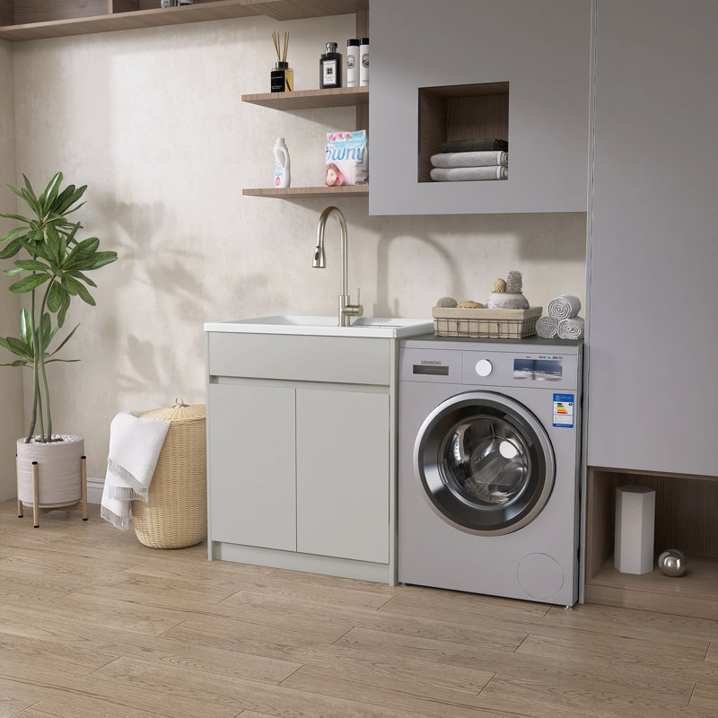 Freestanding 30'' Light Grey Laundry Sink Cabinet with Hot & Cold Water Faucet Drop-in Solid Surface Utility Sink