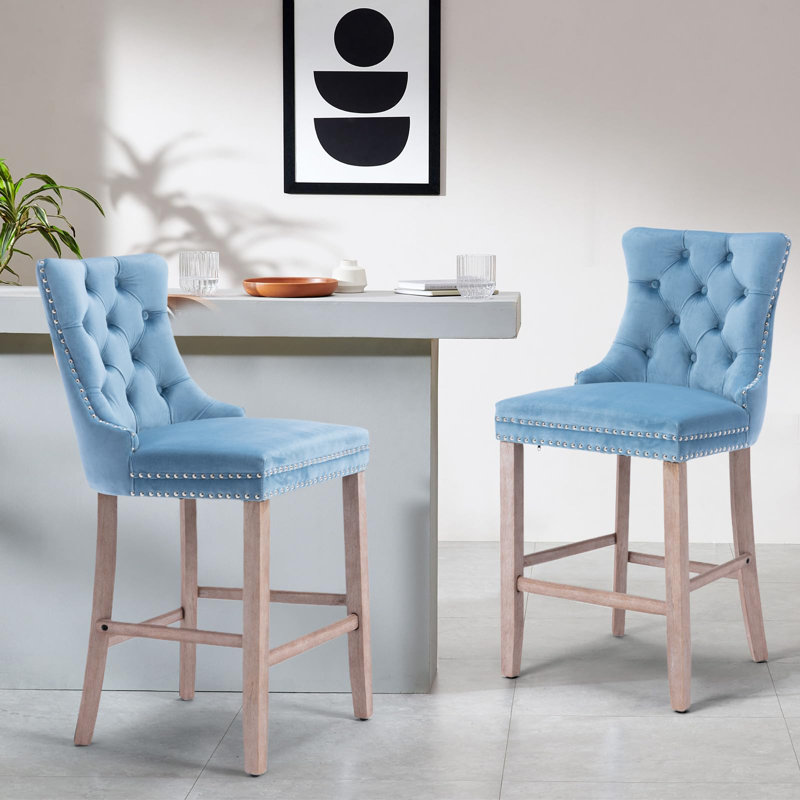 Modern Velvet Upholstered Bar Stools, Sky Blue