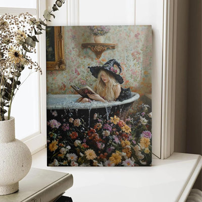 Gothic Witch And Black Cat Canvas Wall Art Vintage Dark Academia Witch In Bathtub Painting Picture Wall Decor Halloween Magical Witch Poster Print Artwork For Living Room Bathroom Home Decoration