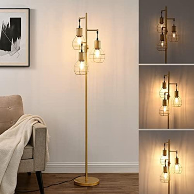 Lampe sur pied industrielle à intensité variable dorée, lampe sur pied de style campagnard pour le salon avec 3 ampoules Edison à DEL, grande lampe d'angle sur pied moderne avec cage en diamant en métal pour chambre à coucher, bureau