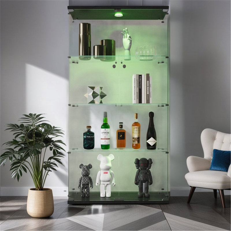 Lighted Two Door Glass Cabinet Glass Display Cabinet With 4 Shelves, Black