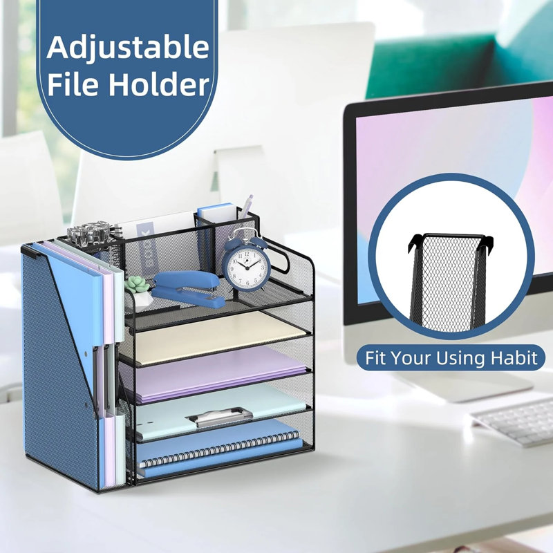 Organisateur de bureau à 5 niveaux avec 3 porte-stylos, organisateur de bureau avec porte-revues, accessoires de bureau en filet