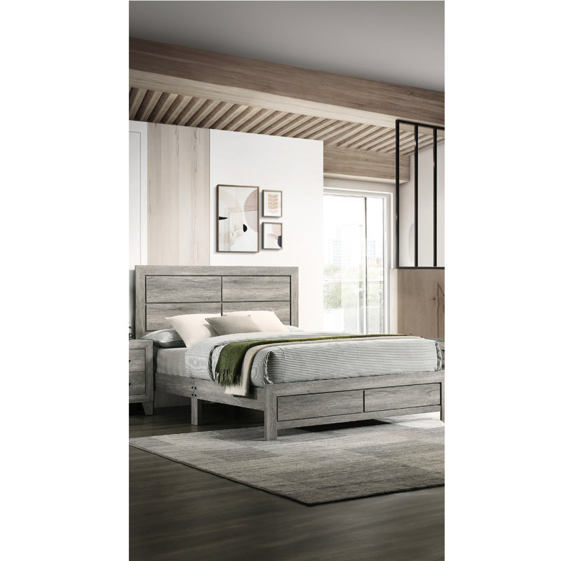 Lit plateforme contemporain gris, format double avec grain de bois rustique, assemblage simple, un lit par boîte au design, finition grain de bois, facile à entretenir