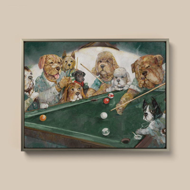 Chiens jouant au billard par Ruane Manning - Impression sur toile, H 18 po x l 24 po, Cadre plat flottant, Champagne