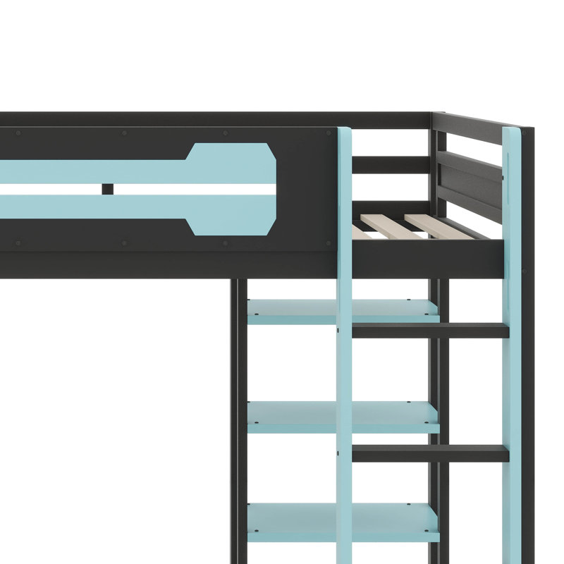 Lit mezzanine double en bois avec bureau, tablettes, prise d'alimentation et ports USB / Type-C, plus éclairage RVB, Bleu