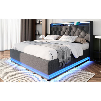 Queen Size Upholstered Bed With 360 Surround Led, Hydraulic Cabinet, Type-C, Gray Fabric Surrounding Storage Box, Cloth