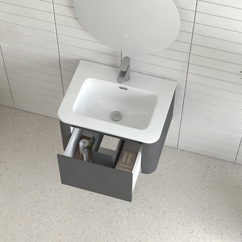 Armoire de salle de bain murale 24 po avec lavabo flottant mural et tiroir en céramique blanche, Gris, 24"
