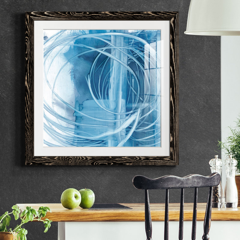 Indigo Expression II - Painting, Distressed Black Framed Paper, 22.5" H x 22.5" W x 1.5" D, White