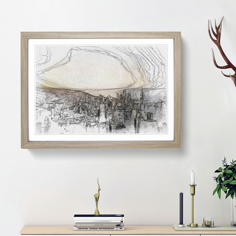 High over the Chicago Skyline in Abstract - Picture Frame Graphic Art Print, Oak Framed, 27cm H x 36cm W x 2cm D