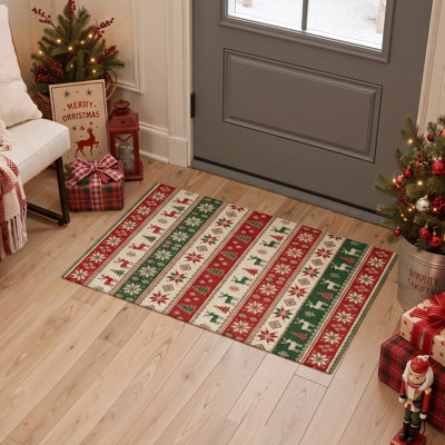 Tapis de salon lavable à poils courts, motif animaux de Noël avec rennes et flocons de neige, rouge et ivoire