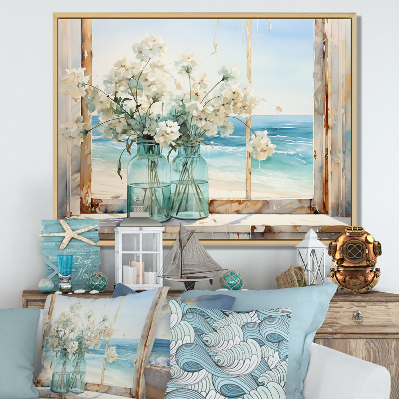 «Blue Window Beachfront View Blooms I» - art mural fenêtres côtières, H 34 po x l 44 po x P 1,5 po, Cadre flottant brun