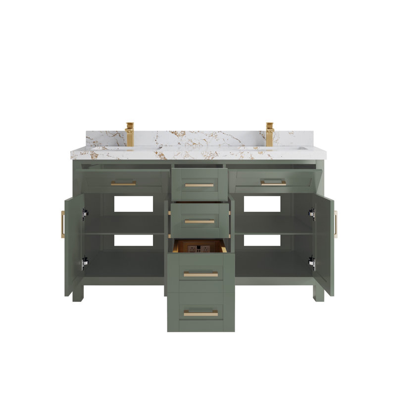 Meuble-lavabo double 60 po avec plateau en quartz Cambridge, Or