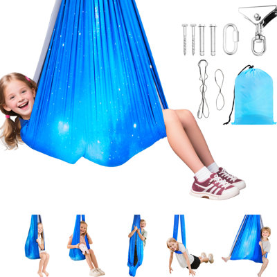Tissu double couche sensoriel, cintre pivotant à 360 °, sangle en O, capacité de 300 lb, balançoire intérieure et extérieure, yoga aérien réglable, forme enveloppante réconfortante pour soulager l'anxiété dans l'élasthanne extensible douce,