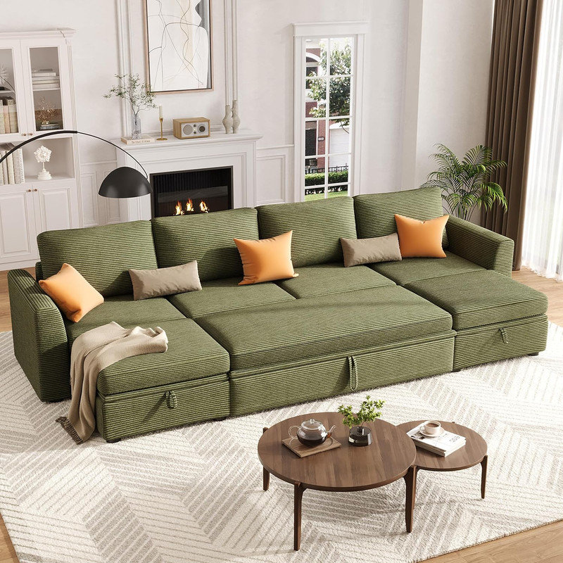 L-Shaped Sectional Sleeper Sofa with Pull-Out Bed & Storage, 5-7 Seat Chenille Couch for Living Room, Green Corduroy