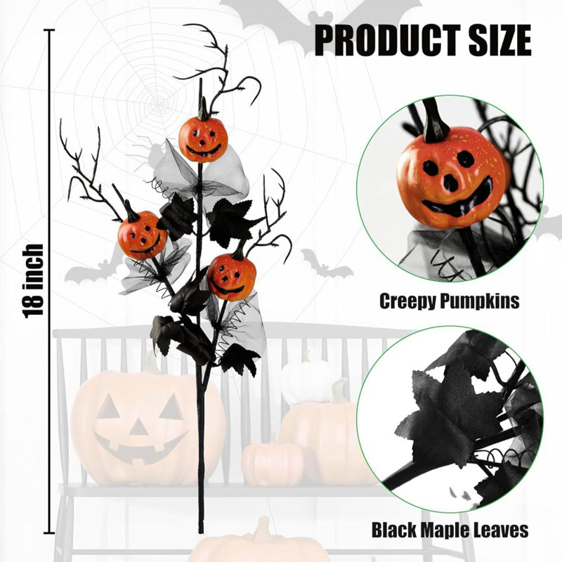 3 tiges d'Halloween artificielles avec citrouilles et feuilles d'érable noires
