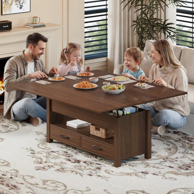 Convertible Lift Top Coffee Table, Fluted Wooden Table with Drawers and Hidden Compartment