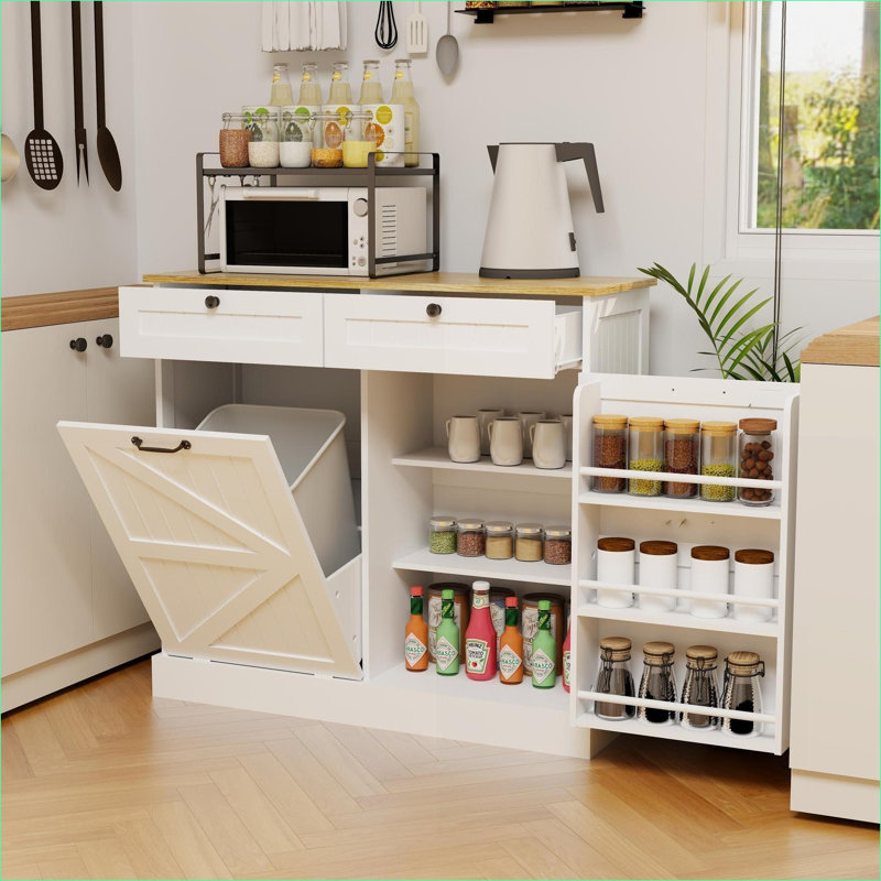 Armoires avec poubelle basculante, 2 tiroirs et amp; Tablettes | Rangement de cuisine moderne blanc neige | Moderne | Panneau de fibres à densité moyenne